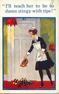 Stingy: Comic postcard, Maid outside hotel room
