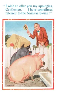 Swine: Comic postcard, man apologises to pigs, WW2