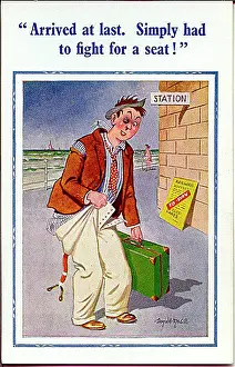 Dishevelled: Comic postcard, Man arrives at the seaside by train