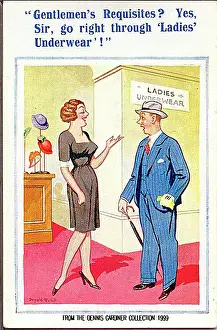 Requisites: Comic postcard, Man asks for directions in department store