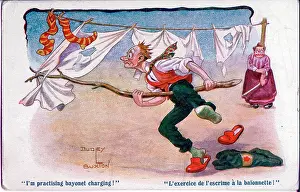 Armlet: Comic postcard, Man attacking washing line, WW1