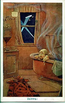 Zepps: Comic postcard, Man in bath during air raid, WW1