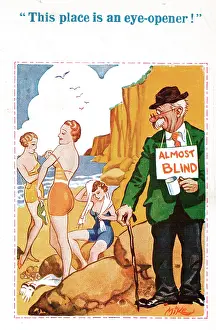 Voyeurism: Comic postcard, Man on the beach, almost blind!