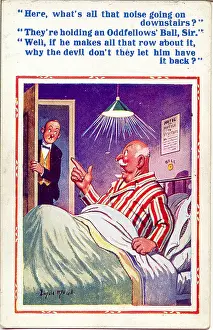 Misunderstanding: Comic postcard, Man in bed disturbed by party