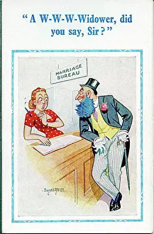 Widower: Comic postcard, Man with blue beard at marriage bureau