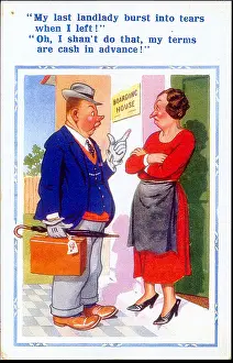 Frump: Comic postcard, Man and boarding house landlady