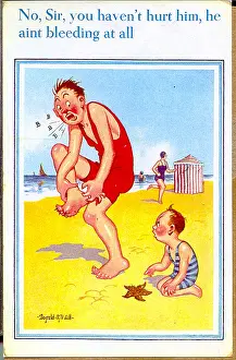 Stung: Comic postcard, Man, boy and starfish on the beach