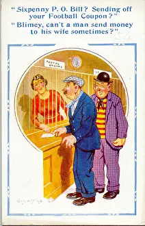 Inexpensive: Comic postcard, Man buying sixpenny postal order