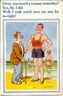 Wimp: Comic postcard, Man chats with lifeguard on the beach