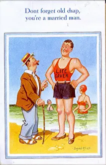 Wimp: Comic postcard, Man chats with lifeguard on the beach