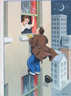 Cling: Comic postcard, Man clinging to high window ledge