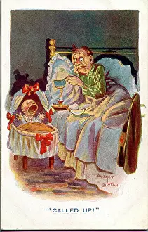 Armlet: Comic postcard, Man with crying baby, WW1