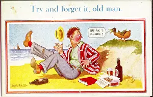 Quirk: Comic postcard, Man disturbed by duck on the beach