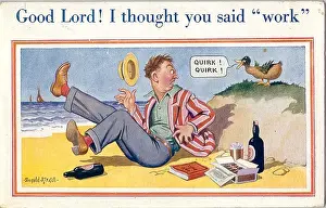 Quirk: Comic postcard, Man disturbed by duck on the beach