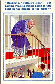 Misunderstanding: Comic postcard, Man disturbed by late night party