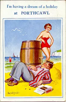 Porthcawl: Comic postcard, Man drinking from barrel at the seaside
