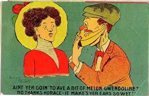 Gwendoline: Comic postcard, Man eating slice of melon
