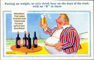 Paunch: Comic postcard, Man enjoying a beer on the beach