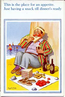 Buns: Comic postcard, Man enjoying a picnic on the beach