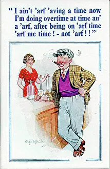 Barmaids: Comic postcard, Man enjoying himself in the pub