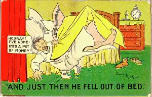 Nightshirt: Comic postcard, Man falls out of bed onto chamber pot