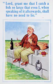 Truthful: Comic postcard, Man fishing and praying at the seaside