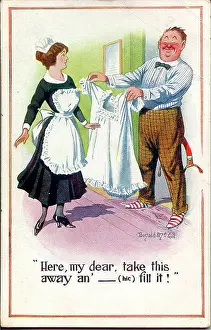 Tipsy: Comic postcard, Man gives order to maid