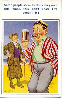 Snob: Comic postcard, Man with a glass of beer on the beach