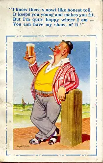 Toil: Comic postcard, Man with glass of beer at the seaside