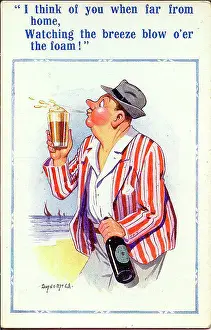 Froth: Comic postcard, Man with glass of beer at the seaside