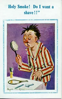 Hairbrush: Comic postcard, Man with hangover