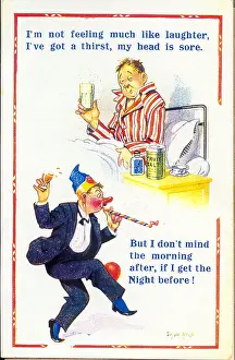 Hangover: Comic postcard, Man with hangover after drunken evening