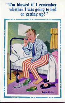 Hangover: Comic postcard, Man with hangover sitting on bed