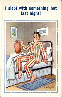 Slept: Comic postcard, Man with hot water bottle