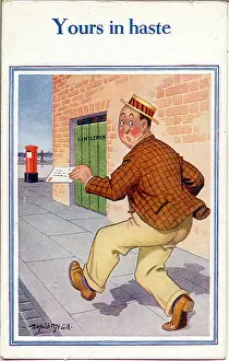 Haste: Comic postcard, Man in hurry to post a letter