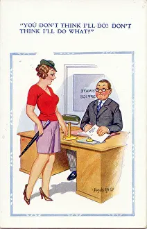 Unsuitable: Comic postcard, Man interviews woman in office