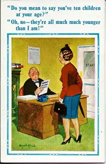Allowances: Comic postcard, Man interviews woman in office