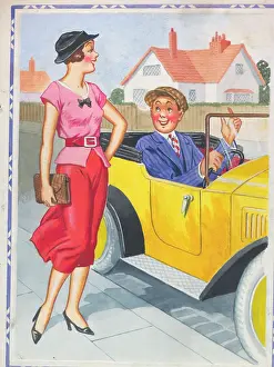 Depends: Comic postcard, Man inviting woman for a ride
