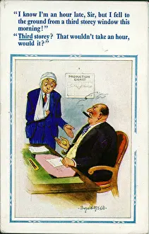 Apology: Comic postcard, Man late for the office