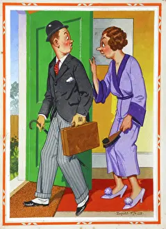 Unattractive: Comic postcard, Man leaving for work in the morning