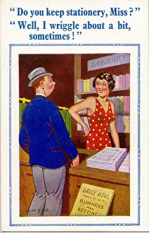 Lending: Comic postcard, Man at a lending library