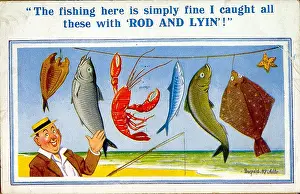 Boasting: Comic postcard, Man with line of fish he didn't catch