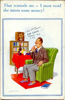 Reminded: Comic postcard, Man listening to the radio