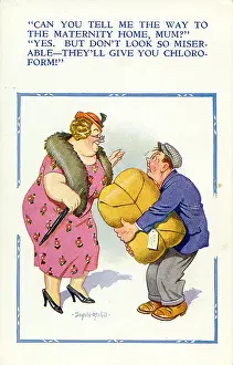Misunderstanding: Comic postcard, Man looking for maternity home