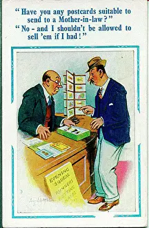 Newsagents: Comic postcard, Man looking for postcards