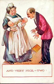 Spurgin: Comic postcard, Man and nurse with twins