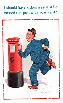 Pinstripes: Comic postcard, man posting a birthday card