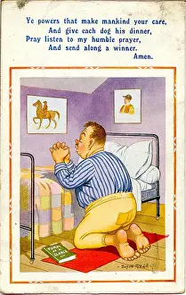Patched: Comic postcard, Man praying for a winning horse