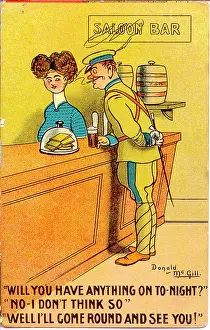 Assignation: Comic postcard, Man propositions barmaid