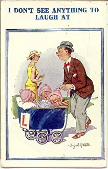 Triplets: Comic postcard, Man pushing pram with triplets